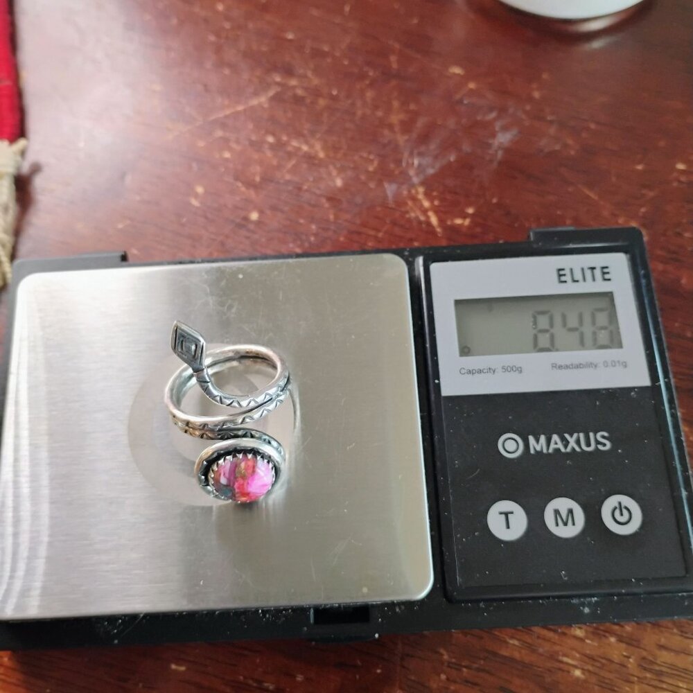 Coiled Rattlesnake Snake Ring Pink Dahlia Spiny Oyster Copper Turquoise Size 8 - Picture 6 of 6